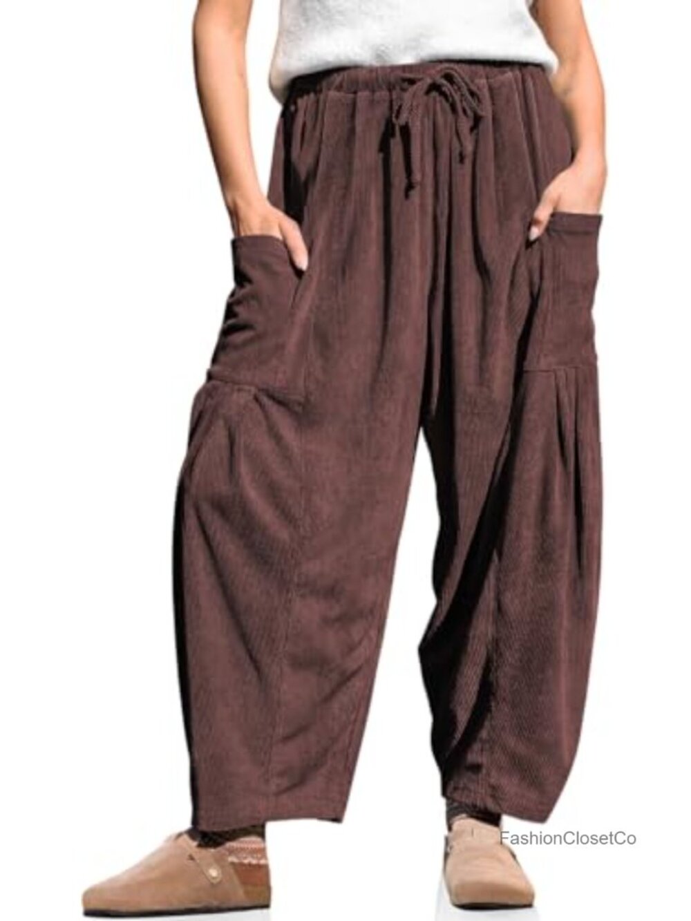 TARSE Corduroy Barrel Pants Drawstring Wide Leg Harem Pants with Pockets